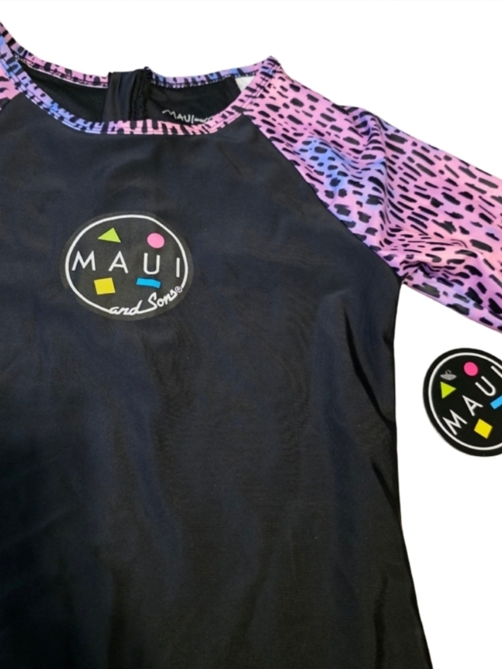 MAUI Girls' Black Rash Guard One-Piece Swimsuit Pink Patterned Sleeves Summer - Picture 2 of 3